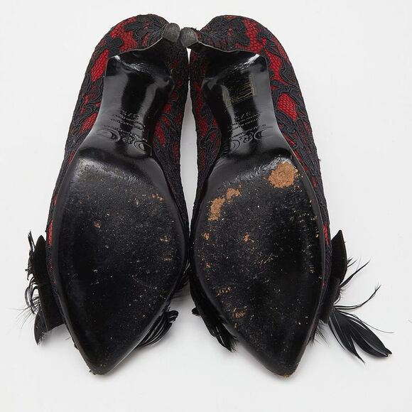 D&g Red/black Feather And Crystal Embellished Lace And Satin Pumps Size 37.5